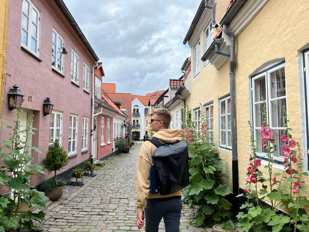 Die malerische Vor Frue Straße in Aalborg mit bunten historischen Häusern