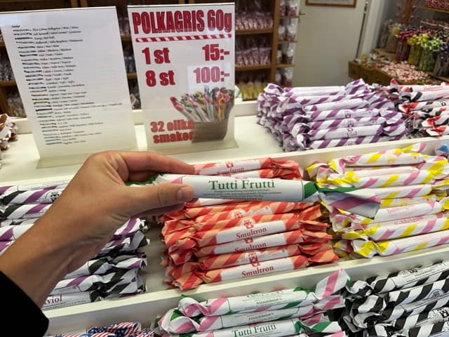 Blick auf den malerischen Ort Gränna am Vättern-See mit traditionellen roten schwedischen Häusern