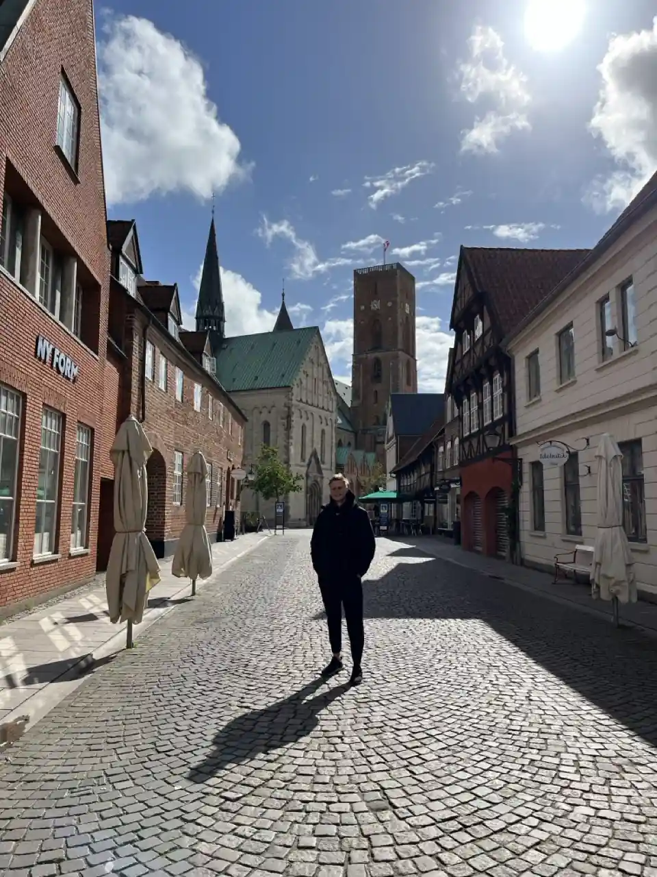 Der historische Marktplatz von Ribe mit bunten Gebäuden und dem Dom im Hintergrund