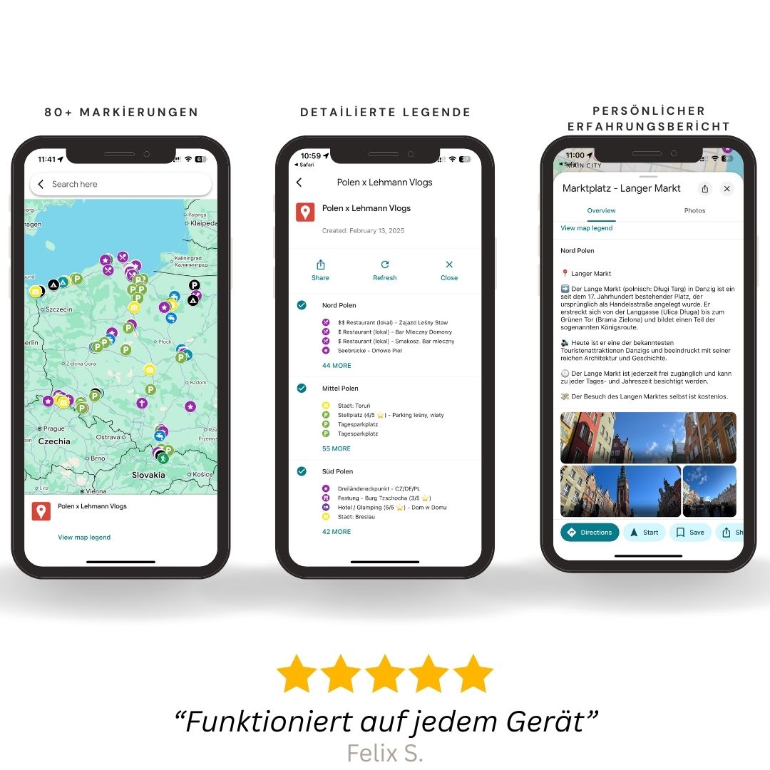 Interaktive Polen-Reisekarte für Google Maps. Alle Stellplätze und Highlights