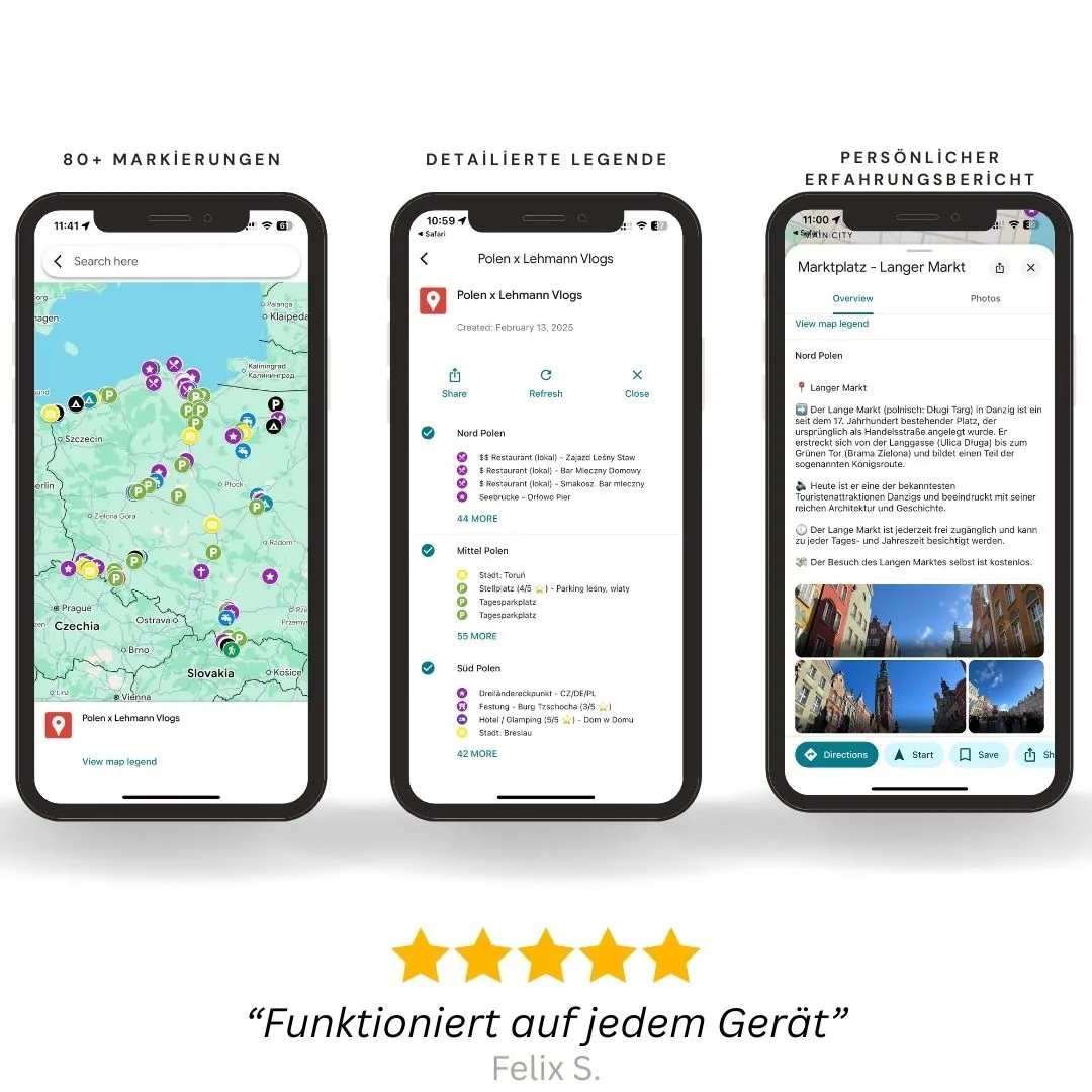 Interaktive Polen-Reisekarte für Google Maps. Alle Stellplätze und Highlights