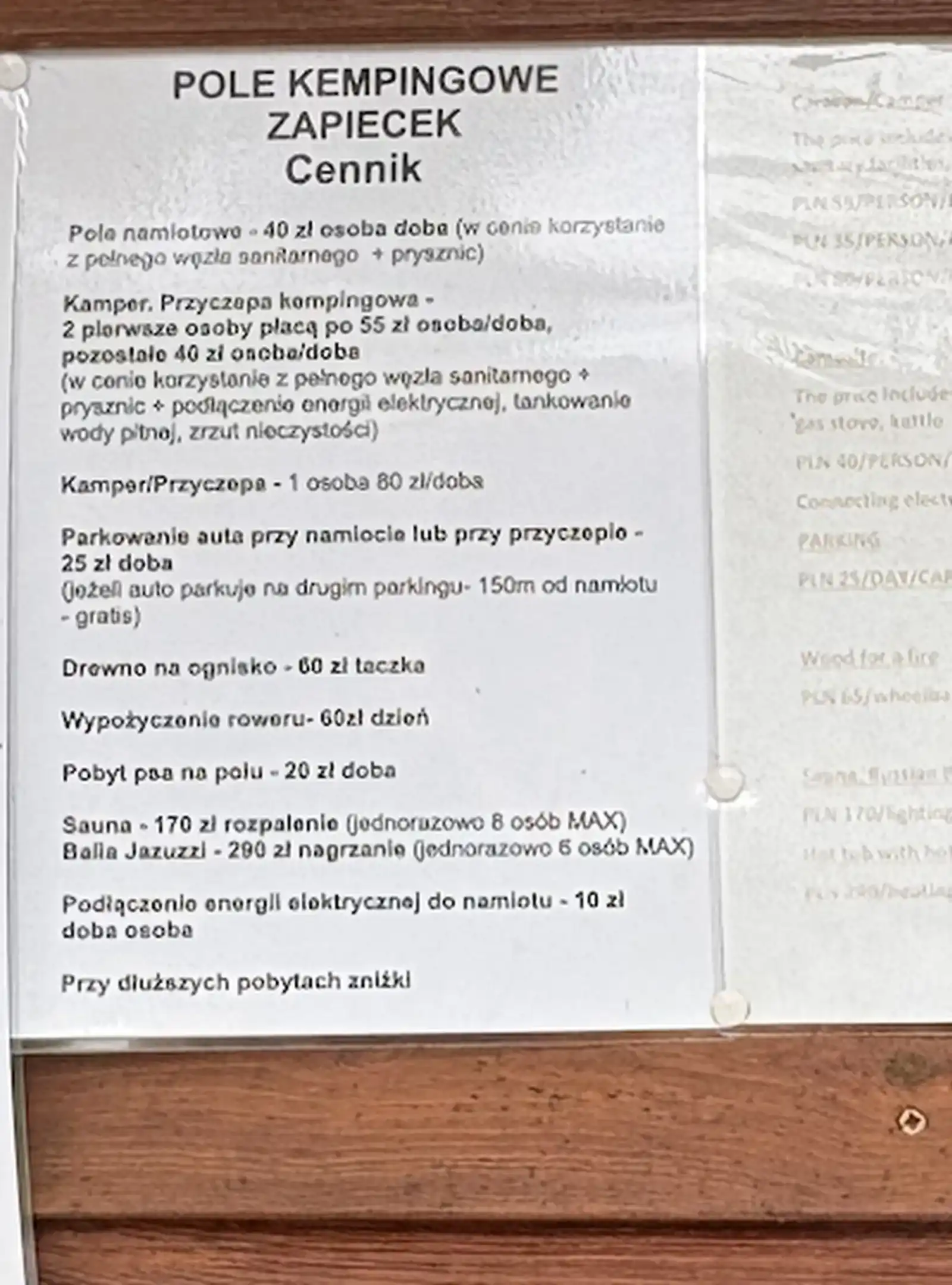 Camping Zapiecek Cennik Preisschild vor Ort Polen Wohnmobil