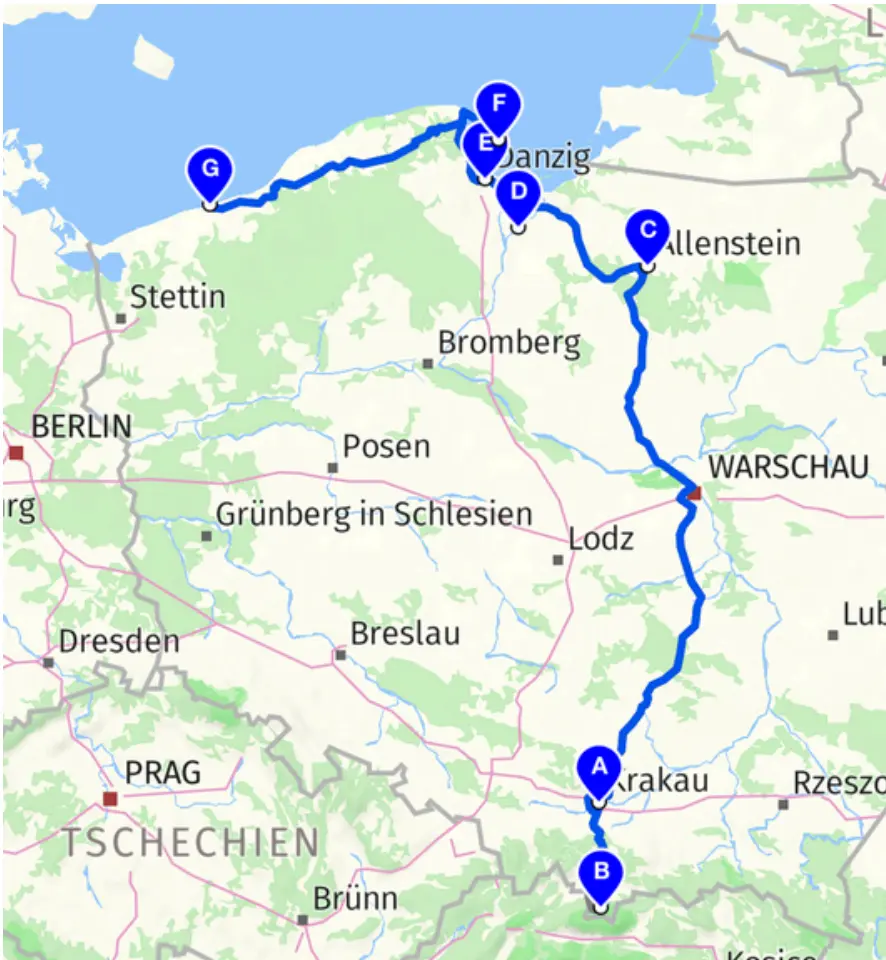 Polen 3-Wochen-Wohnmobil-Rundreise, Routenplanung über Krakau, Masuren und Ostsee