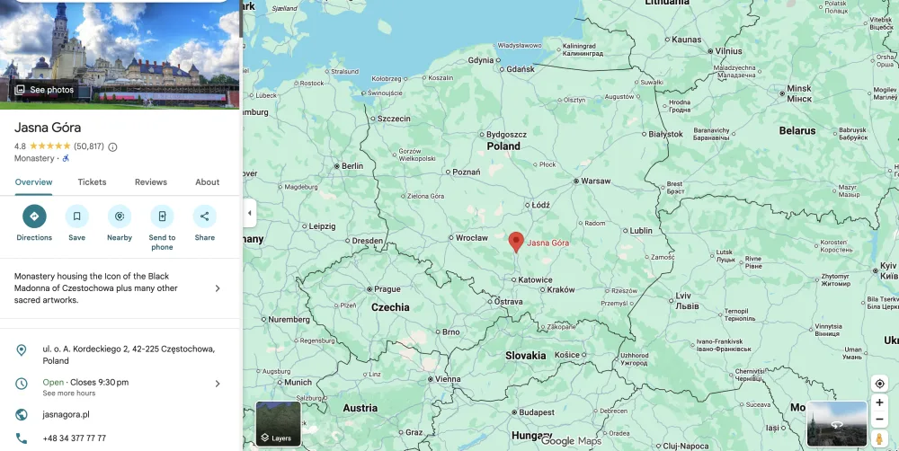 Lage von Jasna Góra in Tschenstochau auf der Polen-Karte: Südwest-Polen zwischen Krakau und Warschau, gut erreichbar mit dem Wohnmobil