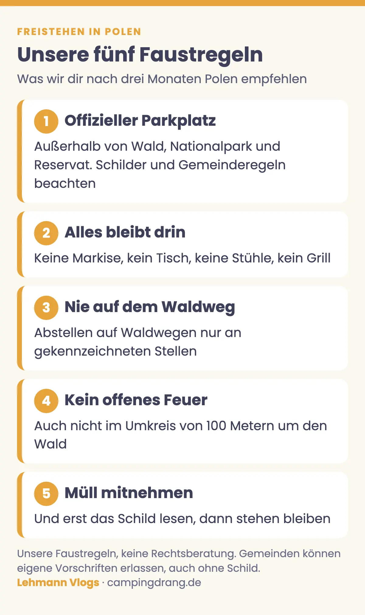 Grafik mit unseren fünf Faustregeln fürs Freistehen in Polen: offizieller Parkplatz, alles bleibt drin, nie auf dem Waldweg, kein offenes Feuer, Müll mitnehmen