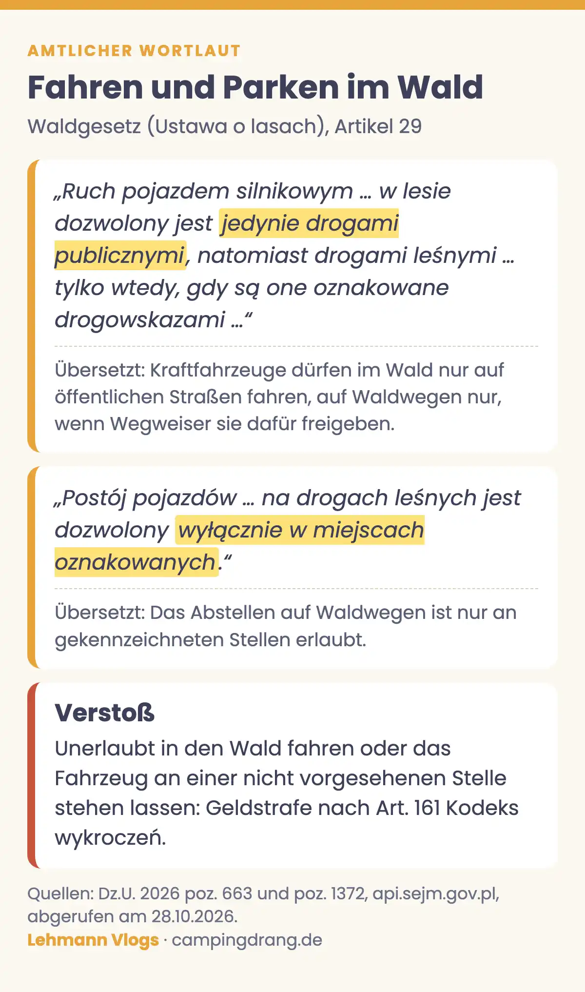 Grafik mit dem markierten Wortlaut von Artikel 29 des polnischen Waldgesetzes zum Fahren und Parken im Wald