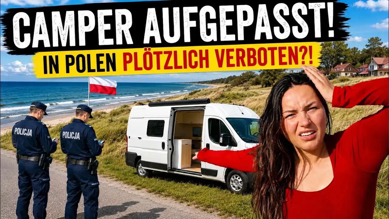 Vorschaubild unseres Videos zum Freistehen in Polen: zwei Polizeibeamte neben einem Camper