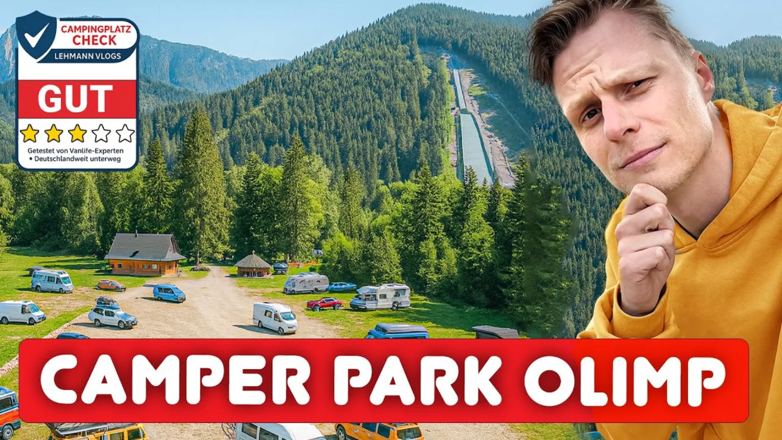 Camper Park Olimp Zakopane Stellplatz-Check mit Mark und Drohnenaufnahme des Platzes bei Wielka-Krokiew-Skischanze