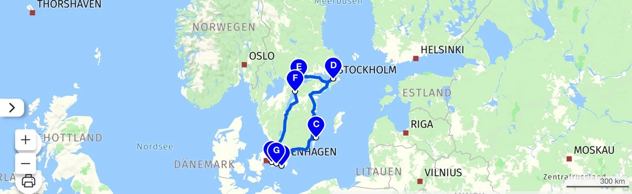 Übersicht der Reiseroute durch Südschweden mit dem Wohnmobil