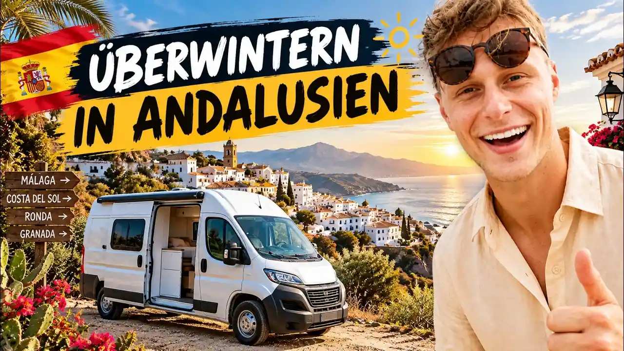 Kastenwagen vor einem weißen Dorf an der andalusischen Küste, Titel Überwintern in Andalusien
