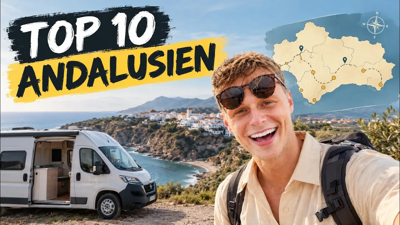 Mark von Lehmann Vlogs mit Sonnenbrille vor unserem Kastenwagen an der andalusischen Küste, dazu der Schriftzug Top 10 Andalusien