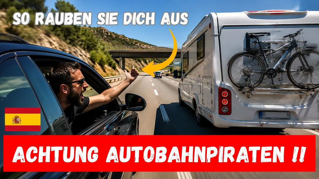 Wohnmobil auf einer spanischen Autobahn, daneben ein Fahrer, der aus dem Fenster gestikuliert