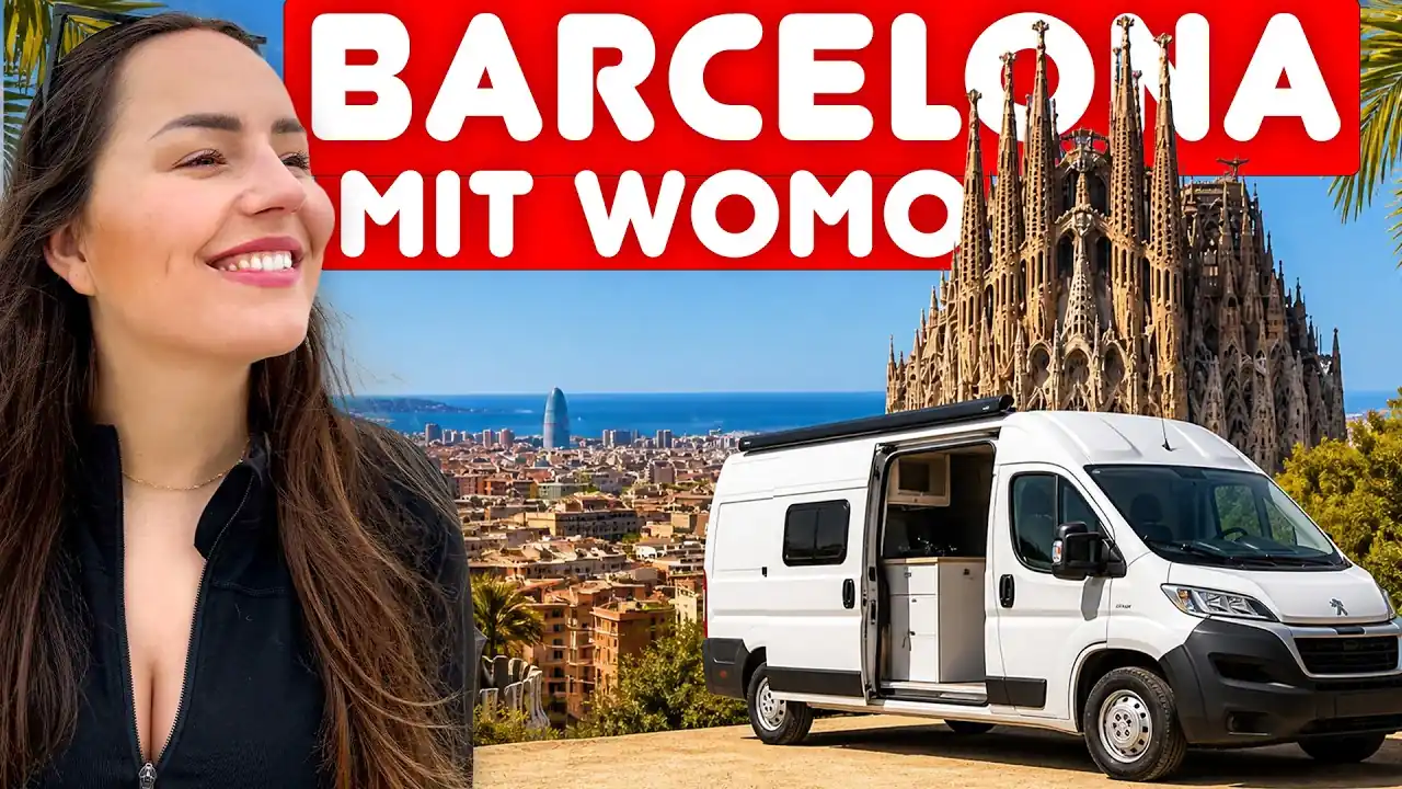 Lara vor der Sagrada Família in Barcelona, daneben ein weißer Kastenwagen