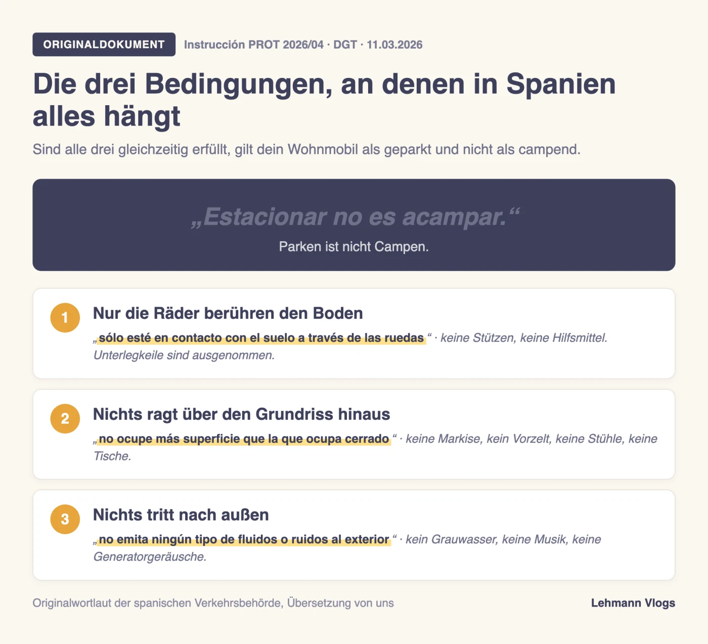 Übersicht der drei Bedingungen aus der Instrucción PROT 2026/04 der DGT im spanischen Originalwortlaut mit hervorgehobenen Schlüsselstellen und deutscher Übersetzung