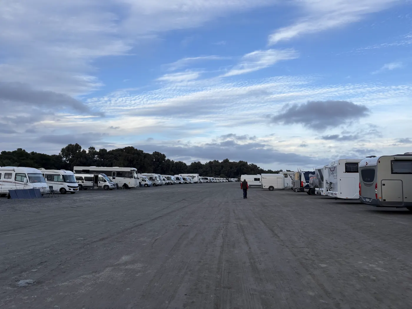 Großer Parkplatz am Meer in Südspanien mit Dutzenden frei stehenden Wohnmobilen