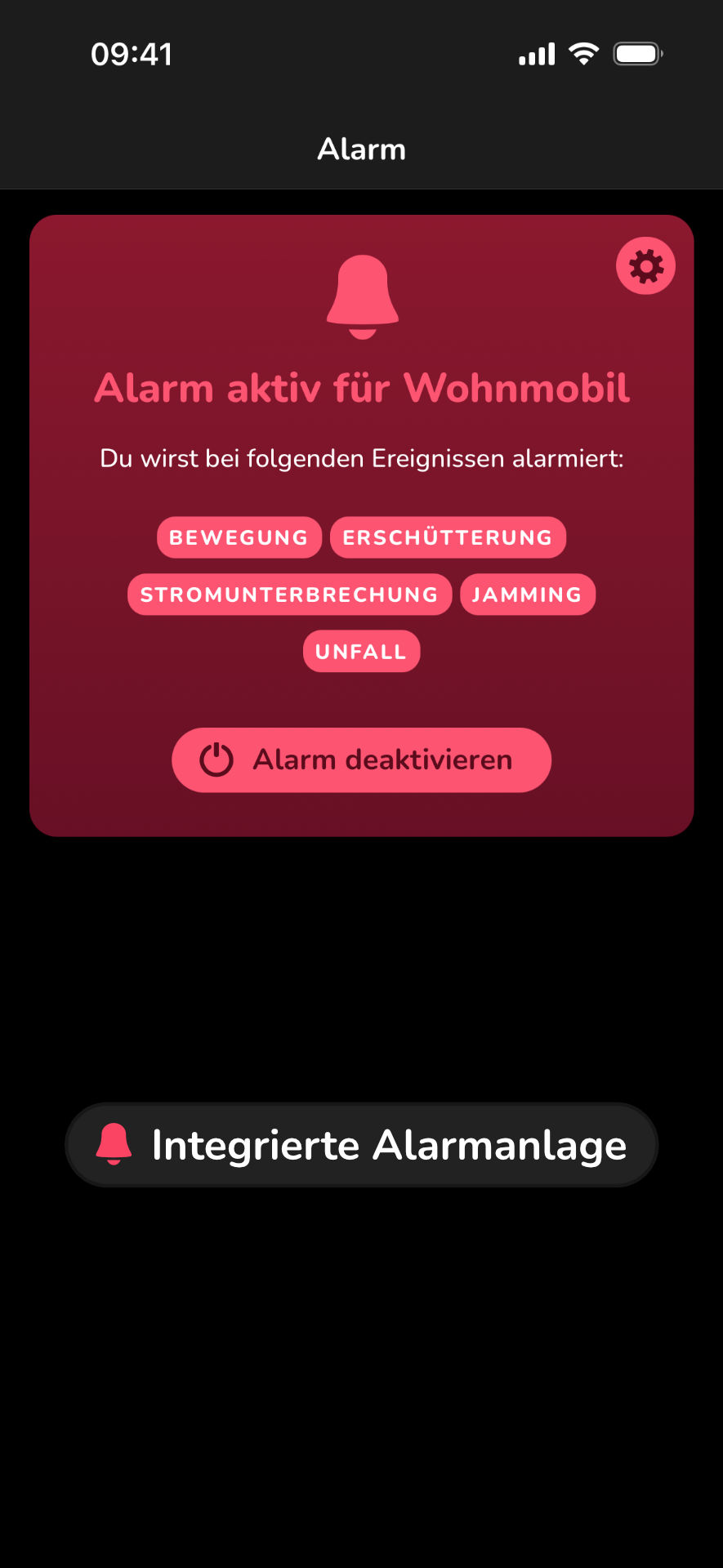 Trackiwi App Alarm-Ansicht mit allen 5 Alarmtypen (Bewegung, Erschütterung, Stromunterbrechung, Jamming, Unfall) für das Wohnmobil