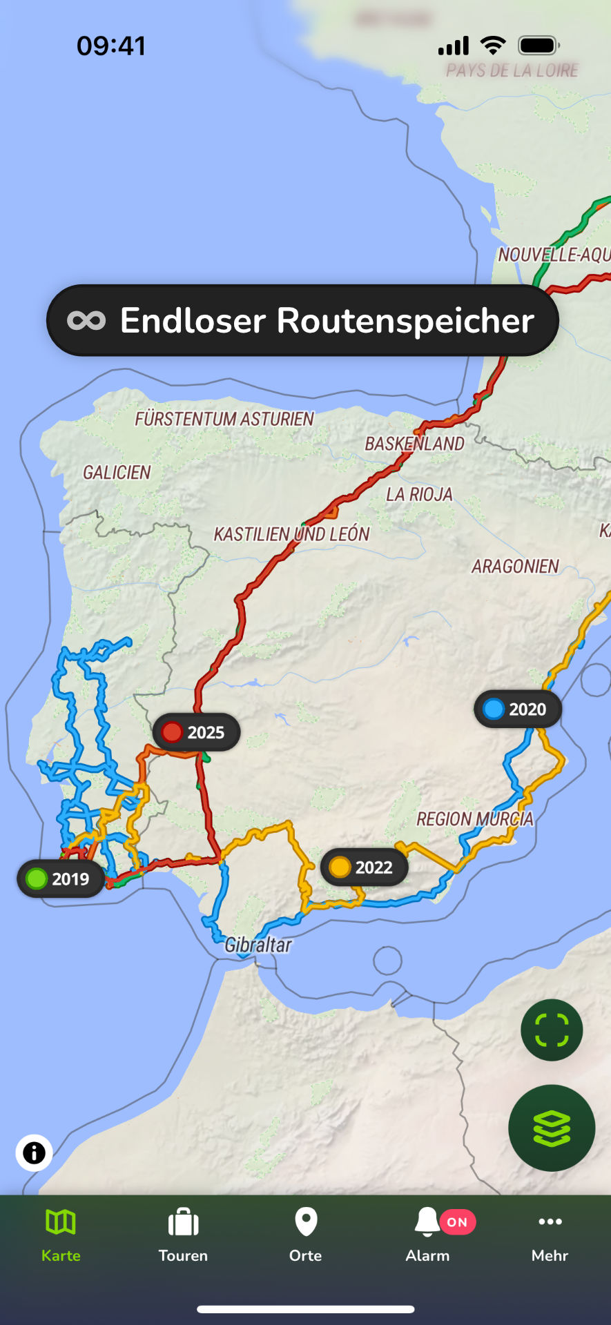 Trackiwi App mit endlosem Routenspeicher, Reisen aus 2019, 2020, 2022, 2025 farblich getrennt durch Spanien und Portugal
