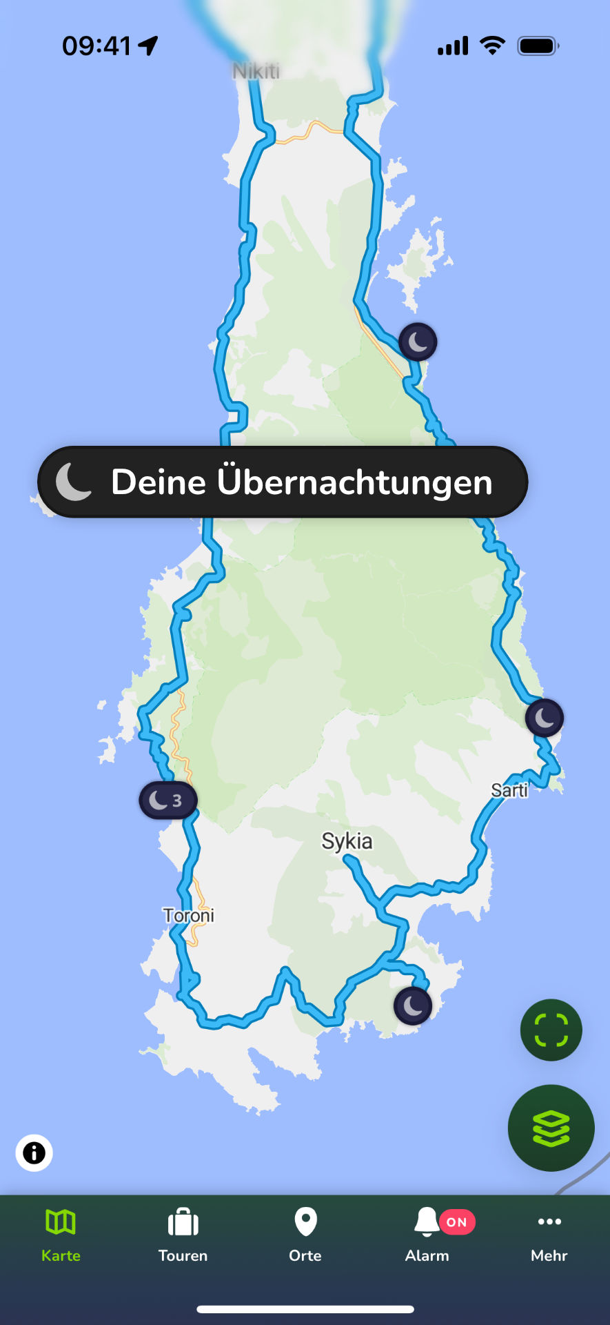 Trackiwi App zeigt automatisch erkannte Übernachtungsplätze mit Anzahl der Nächte am gleichen Ort