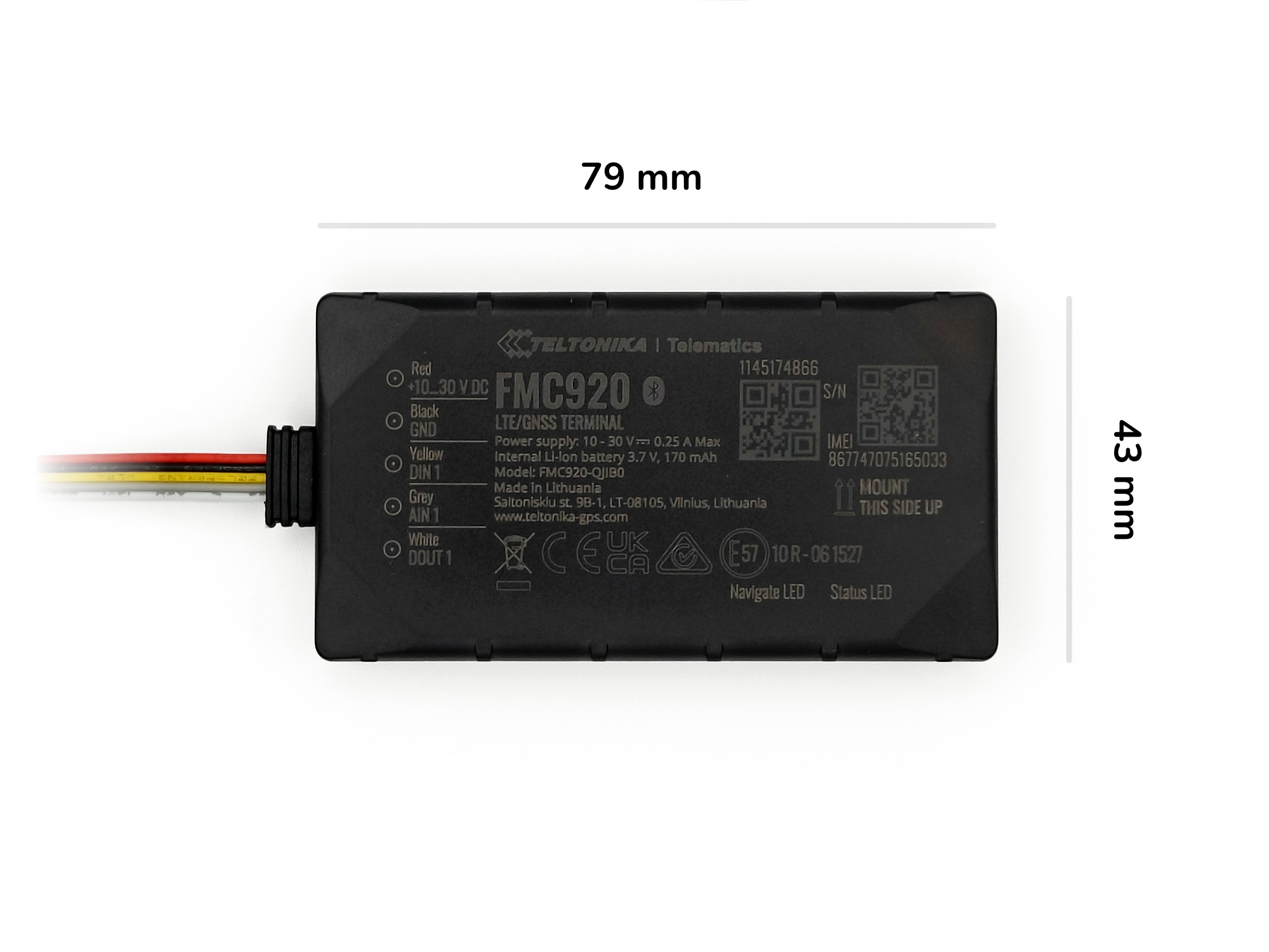 Trackiwi GPS-Tracker (Teltonika FMC920) mit Anschlusskabel, 79 mm x 43 mm, Stromversorgung 10-30V